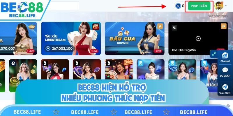 BEC88 hiện hỗ trợ nhiều phương thức nạp tiền